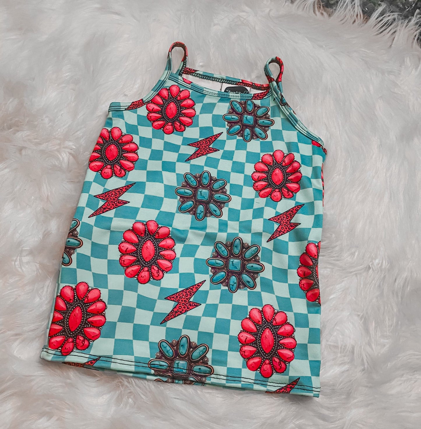 (Custom Design Preorder MOQ 5) Turquoise Plaid Print Girls Summer Western Tank Top