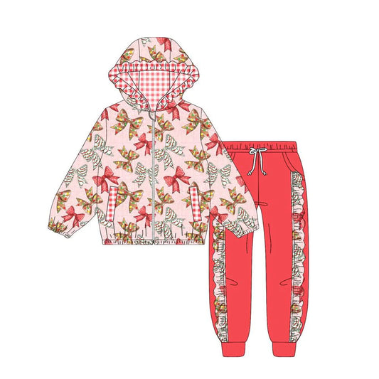 (Custom Design Preorder MOQ 5) Bows Pink Print Hoodie Zipper Top Pockets Pants Girls Christmas Clothes Set