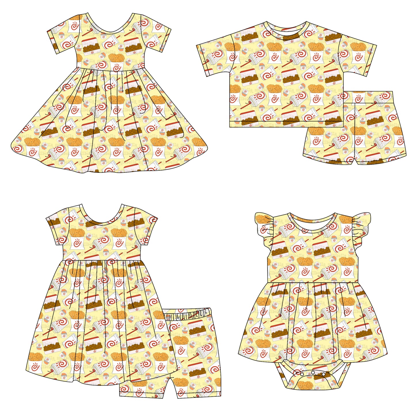 4.14(Custom Design Preorder MOQ 5 Each Design) Fried Chicken Print Girls Summer Matching Clothes Sisters Wear