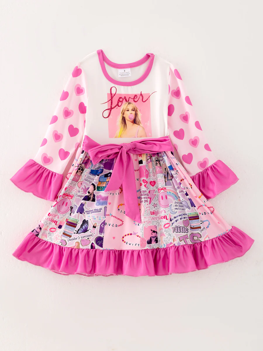 (Custom Design Preorder MOQ 5) Singer Swiftie Pink Heart Print Girls Knee Length Dress