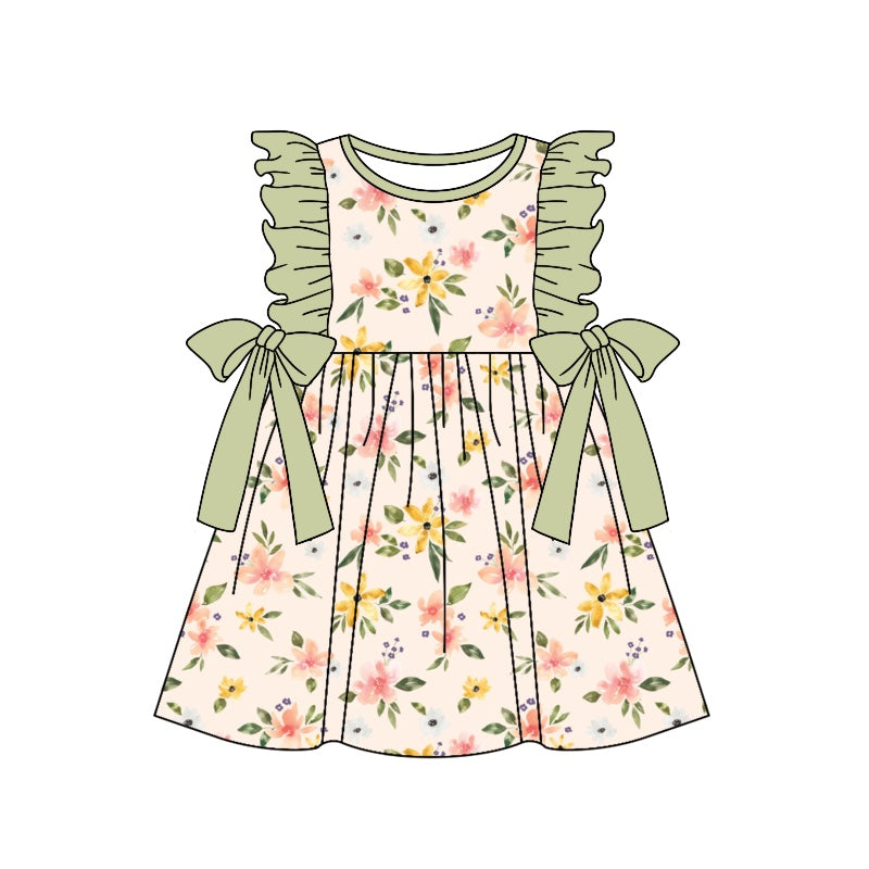 (Custom Design Preorder MOQ 5) Green Flowers Print Girls Knee Length Summer Dress