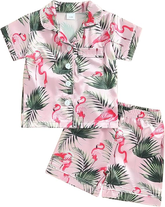 (Custom Design Preorder MOQ 5) Flamingo Print Girls Summer Pajamas Clothes Set