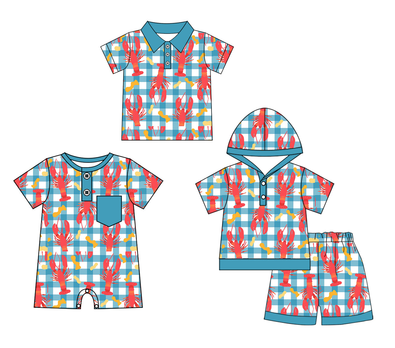 11.29(Custom Design Preorder MOQ 5 Each Design) Crayfish Blue Plaid Print Boys Summer Matching Clothes Brothers Wear