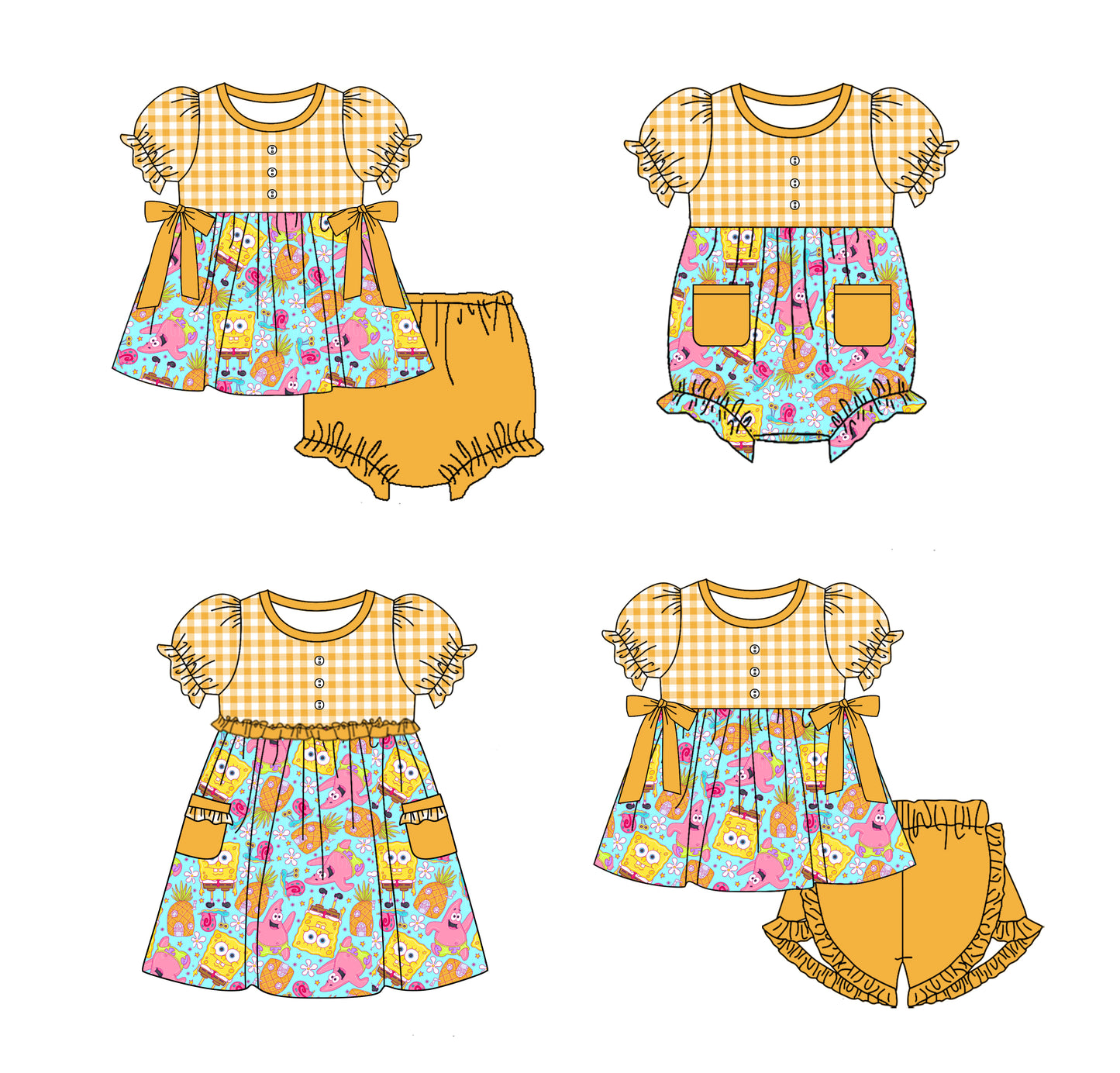 12.9(Custom Design Preorder MOQ 5 Each Design) Cartoon Pineapple Flowers Print Girls Summer Matching Clothes Sisters Wear