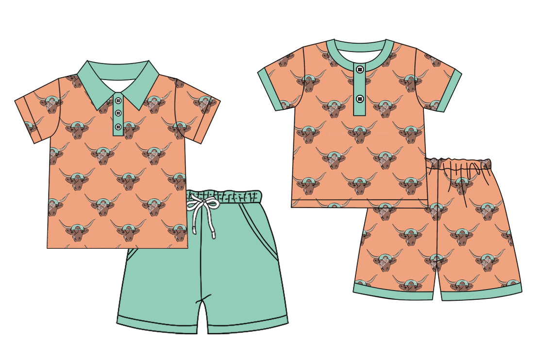 12.1(Custom Design Preorder MOQ 5 Each Design) Highland Cow Print Boys Summer Western Matching Clothes Brothers Wear