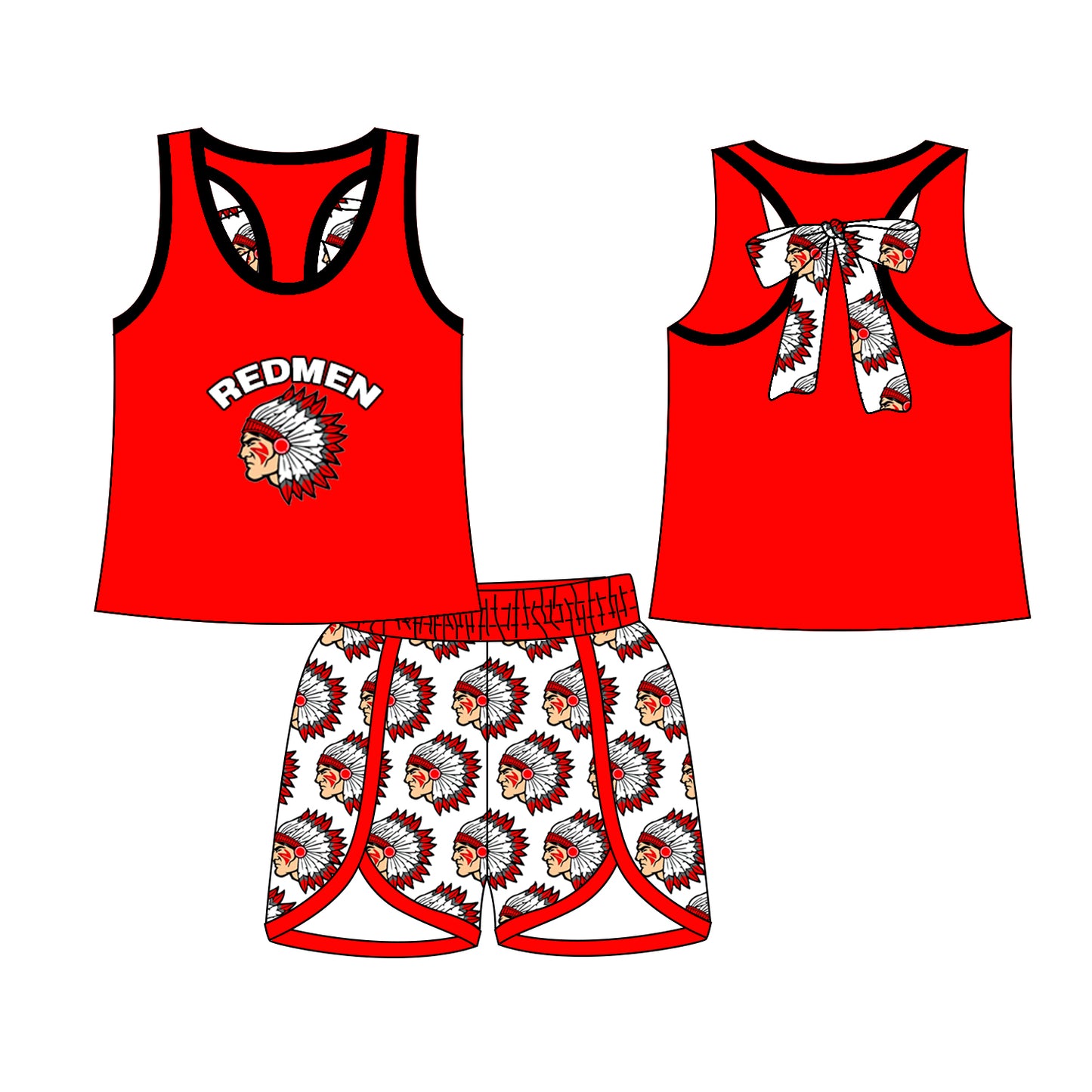 (Custom Design Preorder MOQ 5) Team's Redmen Red Top Shorts Girls Summer Clothes Set