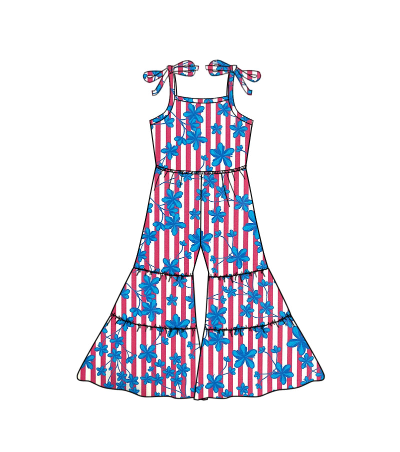 (Custom Design Preorder MOQ 5) Blue Flowers Red Stripes Print Girls 4th of July Jumpsuit