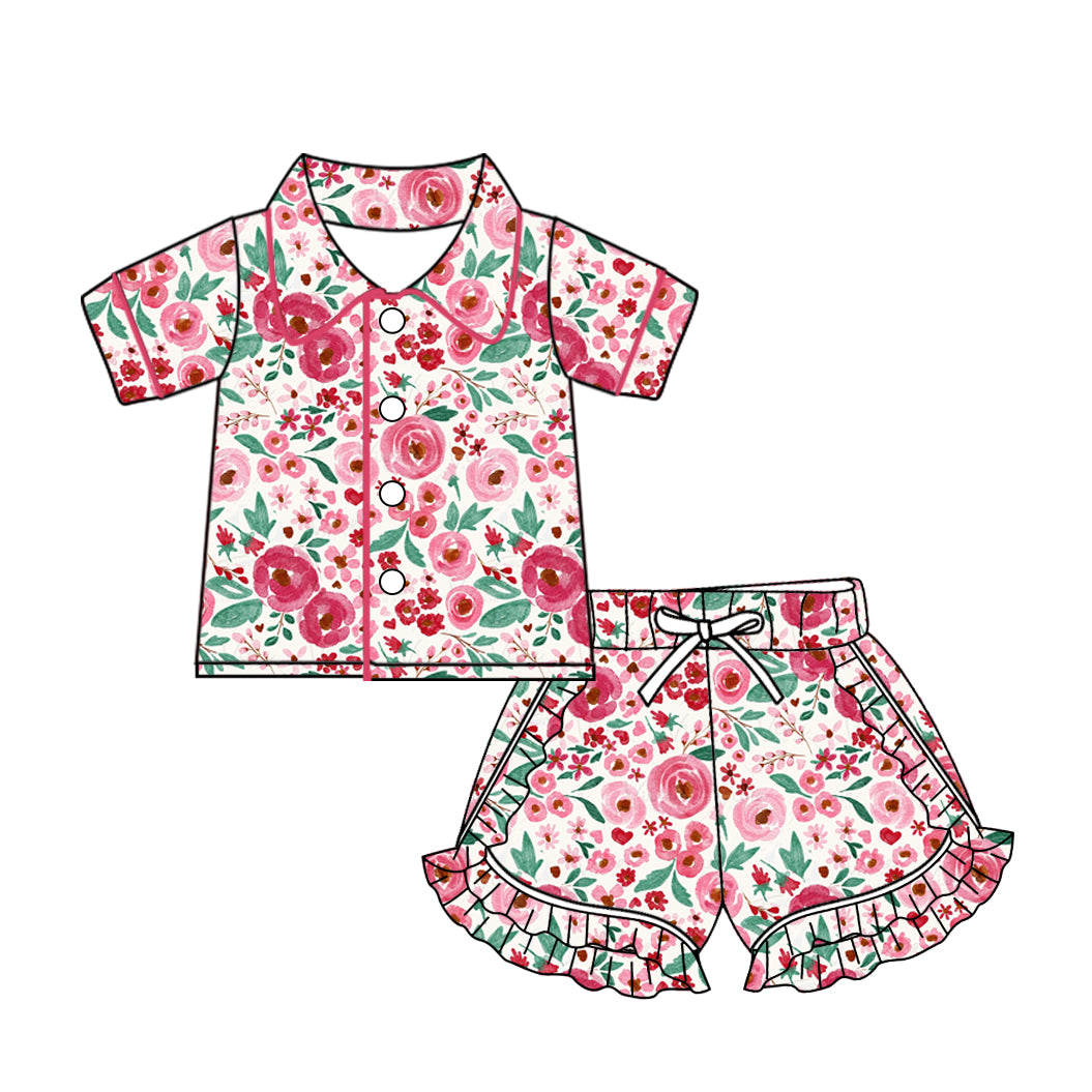 (Custom Design Preorder MOQ 5) Flowers Print Girls Summer Pajamas Clothes Set