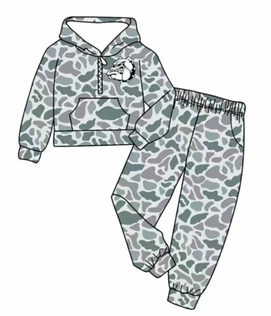 (Custom Design Preorder MOQ 5) Team's Bulldogs Grey Camo Print Hoodie Zipper Top Pockets Pants Boys Fall Clothes Set