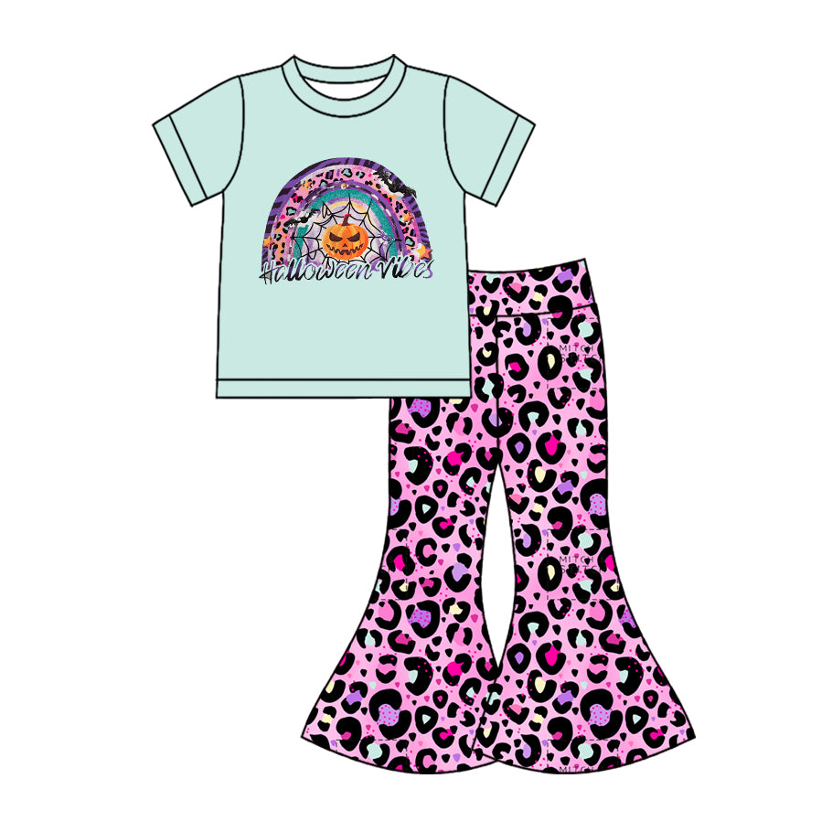 5.1(Custom Design Preorder MOQ 5) Rainbow Pumpkin Top Leopard Bell Pants Girls Halloween Clothes Set