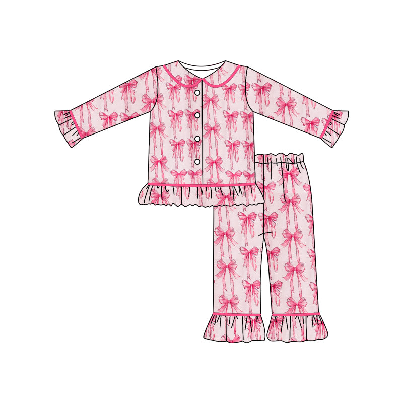 (Custom Design Preorder MOQ 5) Pink Bows Print Girls Buttons Pajamas Clothes Set