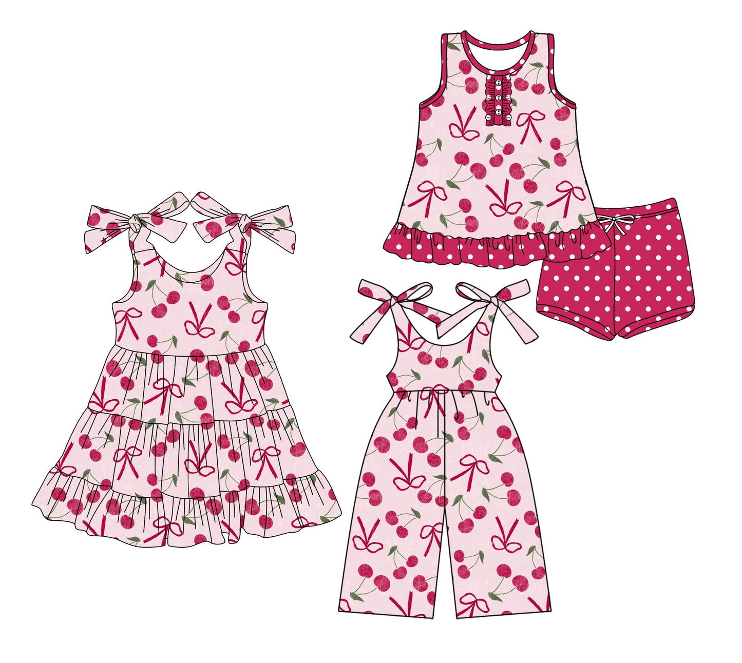4.14(Custom Design Preorder MOQ 5 Each Design) Cherry Bows Print Girls Summer Matching Clothes Sisters Wear