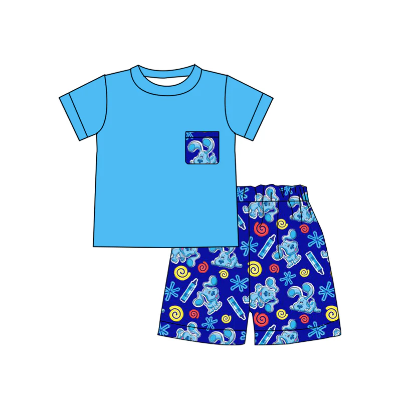 (Custom Design Preorder MOQ 5) Blue Pocket Top Cartoon Dog Shorts Boys Summer Clothes Set
