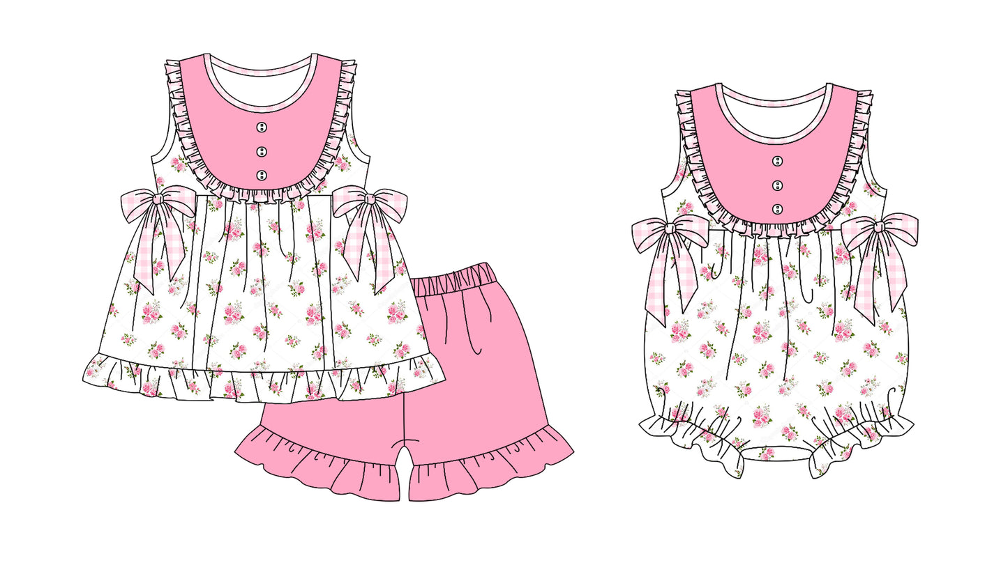 11.18(Custom Design Preorder MOQ 5 Each Design) Small Flowers Pink Print Girls Summer Matching Clothes Sisters Wear