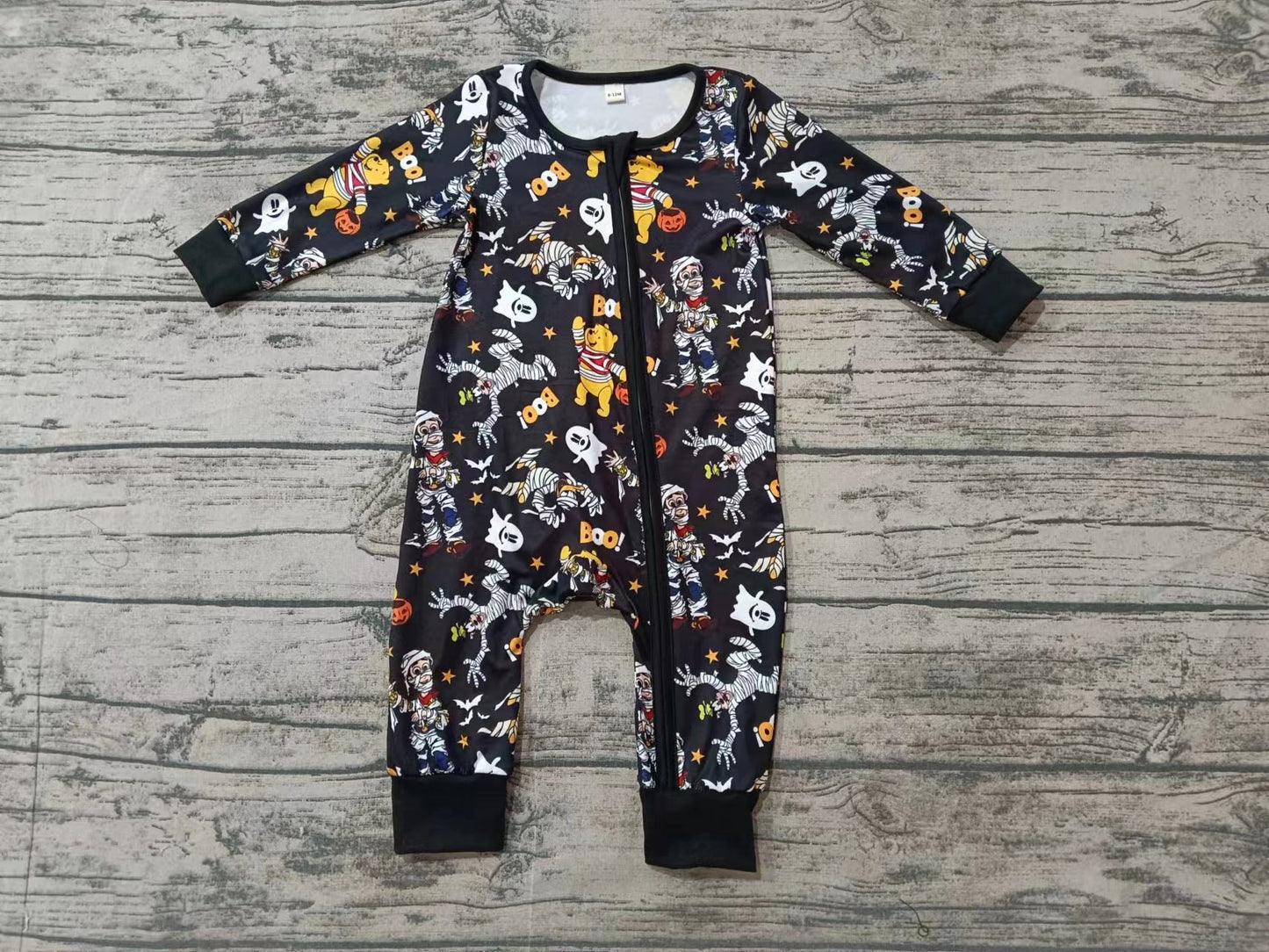 (Custom Design Preorder MOQ 20) Cartoon Figure BOO Print Baby Halloween Bamboo Sleeper Zipper Romper