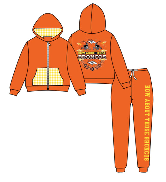 (Custom Design Preorder MOQ 5) Team's BRONCOS Zipper Hoodie Top Orange Pants Kids Fall Clothes Set