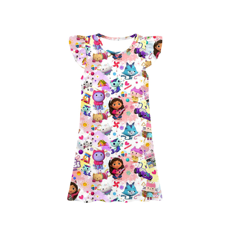 11.23(Custom Design Preorder MOQ 5) Cartoon Teacher Cats Ms.R* Print Girls Flutter Sleeve Knee Length Dress