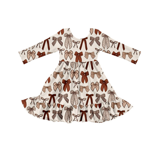 (Custom Design Preorder MOQ 5 ) Brown Bows Print Girls Fall Knee Length Dress