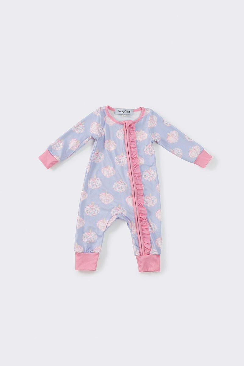 (Custom Design Preorder MOQ 20) Pumpkin Pink Print Baby Girls Fall Bamboo Sleeper Zipper Romper