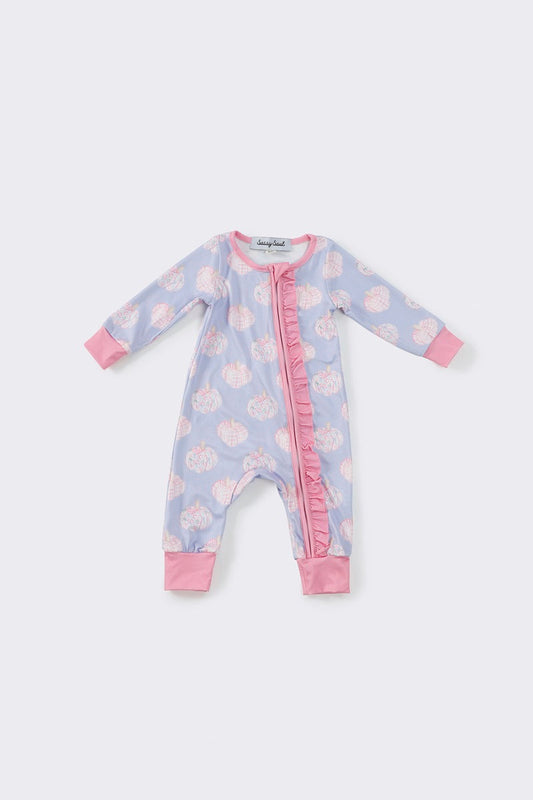 (Custom Design Preorder MOQ 20)  Pumpkin Pink Print Baby Girls Fall Bamboo Sleeper Zipper Romper