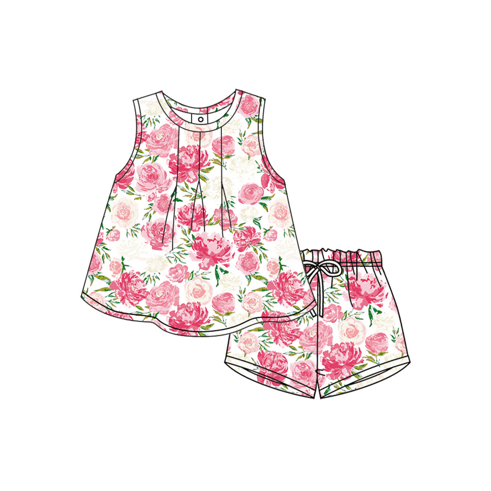 12.10(Custom Design Preorder MOQ 5) Pink Flowers Sleeveless Top Shorts Girls Summer Clothes Set