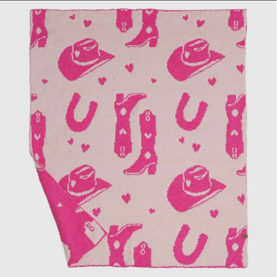 (Custom Design Preorder MOQ 5) Boots Hat Pink Western Print Baby Girls Minky Blanket