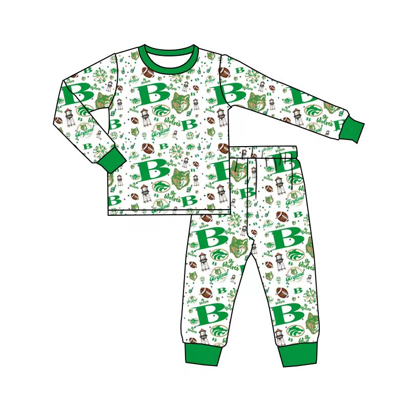 (Custom Design Preorder MOQ 5) Team's Green Print Boys Pajamas Clothes Set