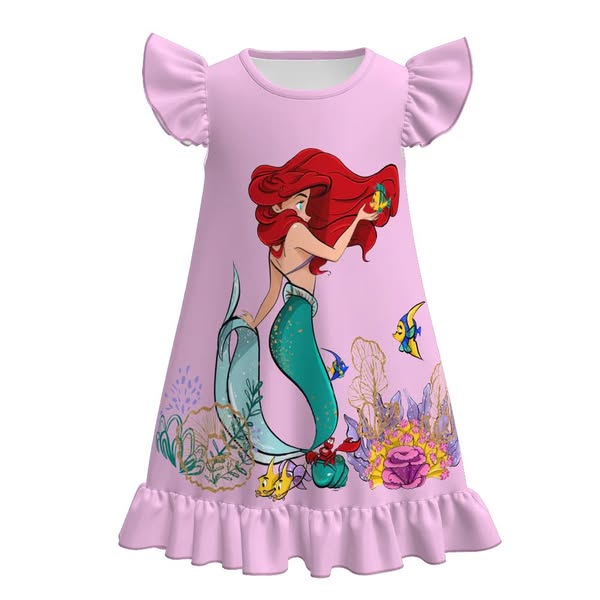 (Custom Design Preorder MOQ 5) Cartoon Princess Mermaid Print Girls Summer Knee Length Dress