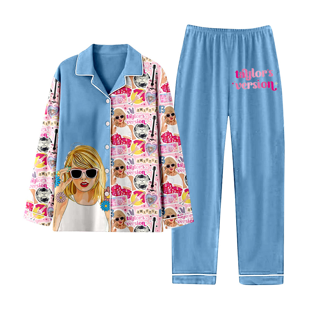 12.12(Custom Design Preorder MOQ 5) Singer Swiftie Blue Print Girls Buttons Pajamas Clothes Set