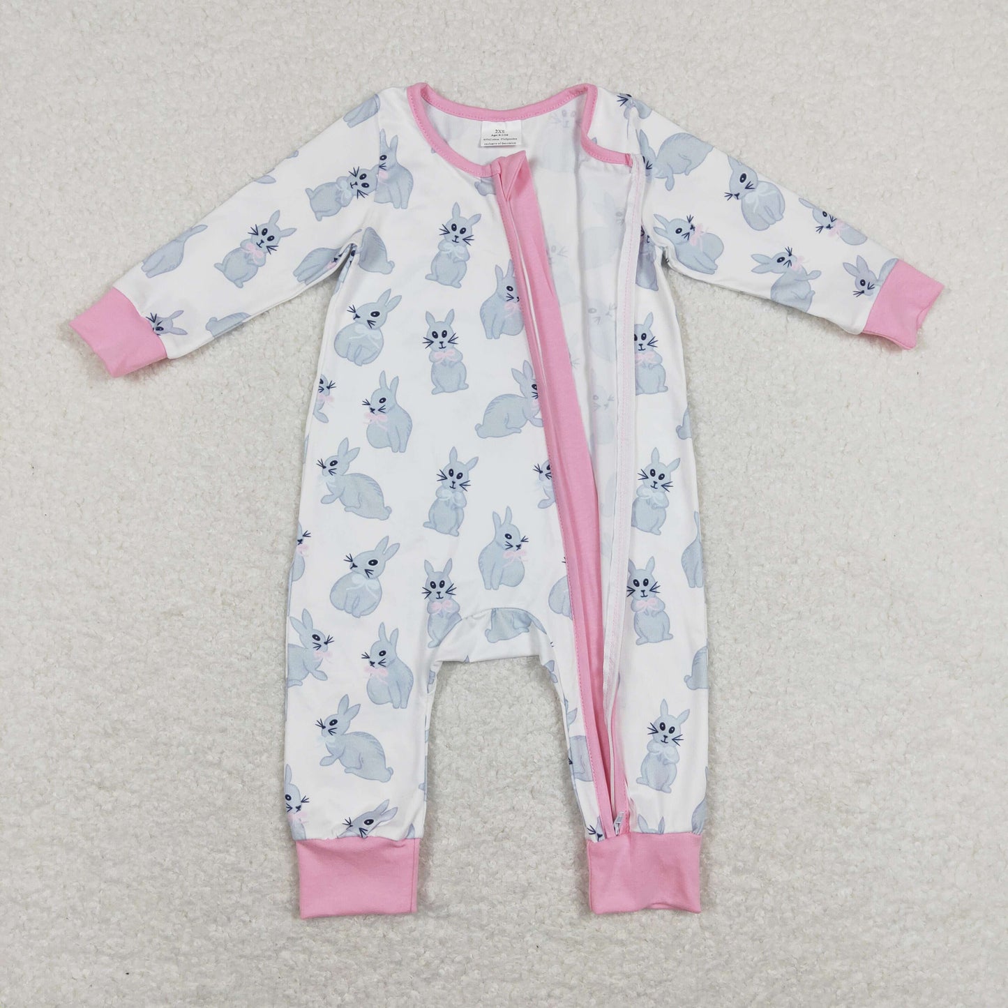 LR0836 Pink Bunny Print Baby Girls Sleeper Zipper Easter Romper
