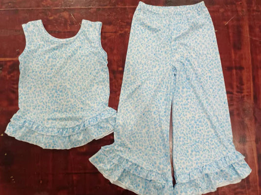 (Custom Design Preorder MOQ 5) Blue Leopard Print Ruffle Pants Girls Clothes Set