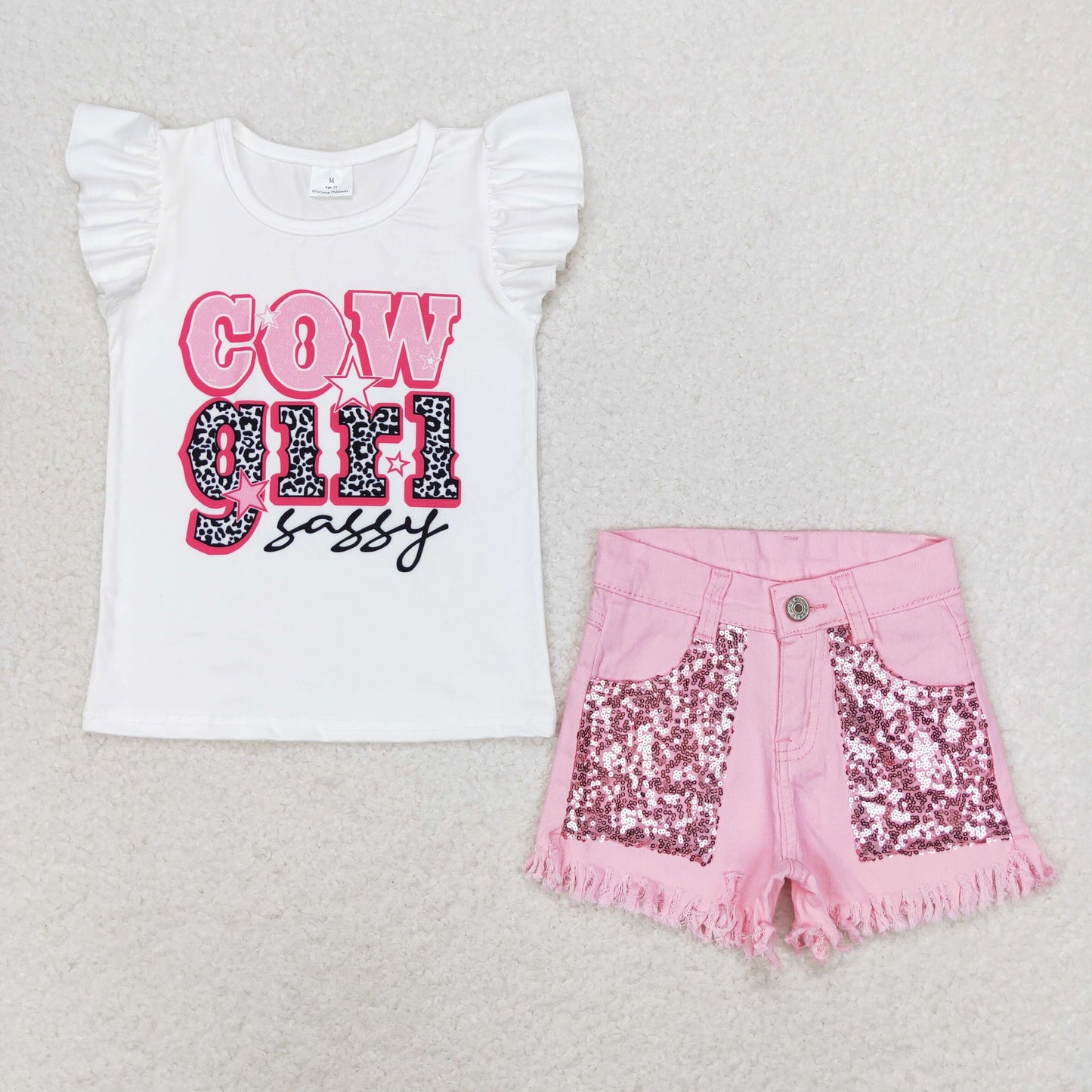 GSSO0876 Cowgirl Sassy Top Pink Denim Sequins Shorts Girls Summer Clothes Set