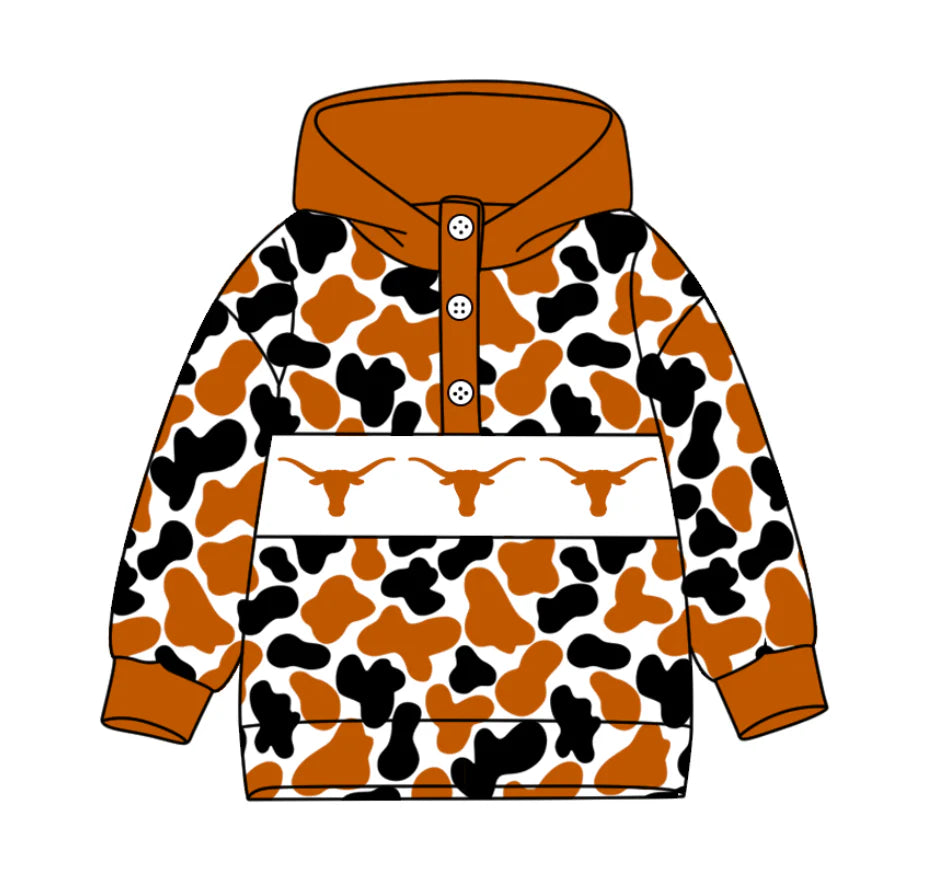 (Custom Design Preorder MOQ 5) Team's Texas Longhorns Camo Print Kids Long Sleeve Buttons Hoodie Top