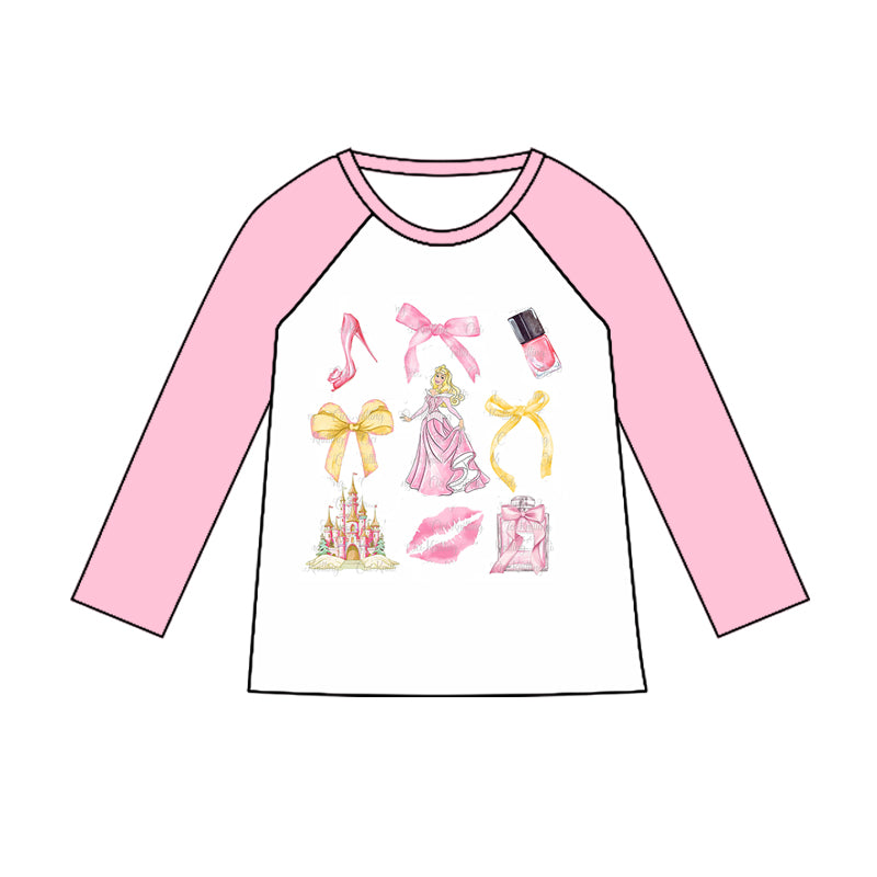(Custom Design Preorder MOQ 5) Cartoon Princess Pink Print Girls Tee Shirts Top