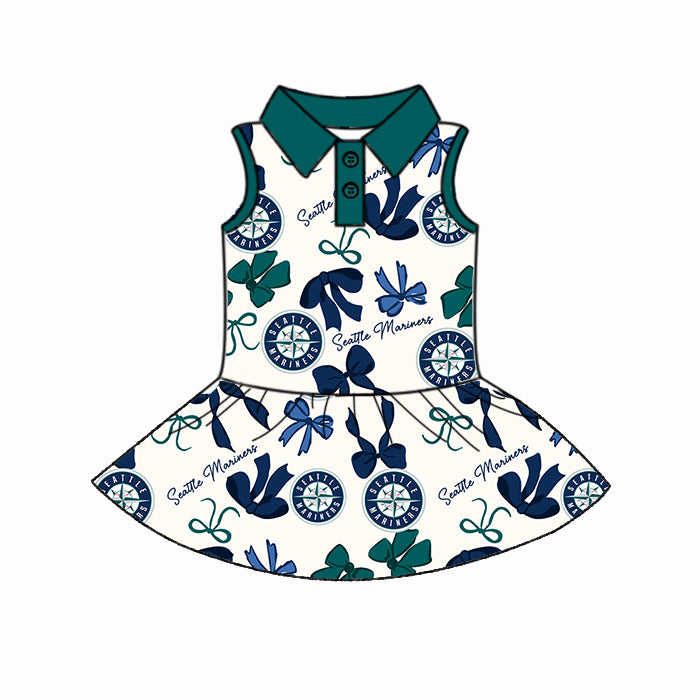 (Custom Design Preorder MOQ 5 Each Color) Team's SEATTLE MARINERS Bows Print Girls Summer Clothes Sisters Matching Wear