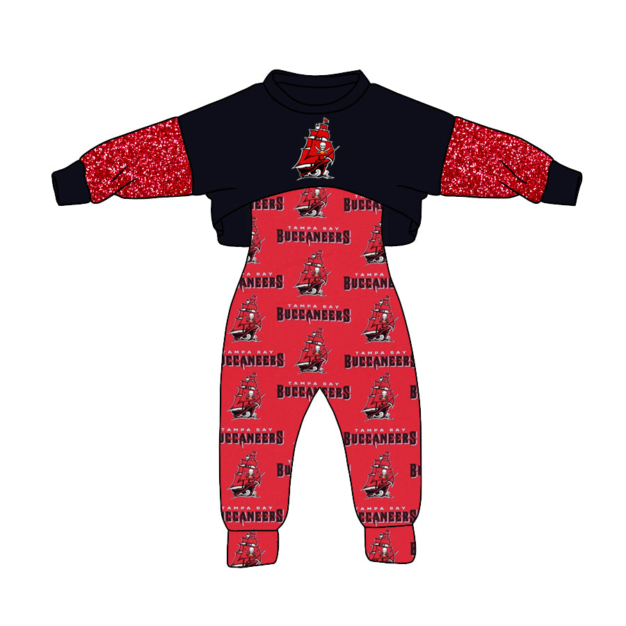 (Custom Design MOQ 5) NO.9 Red Black Football Team's Print Girls Jumpsuits Clothes Set