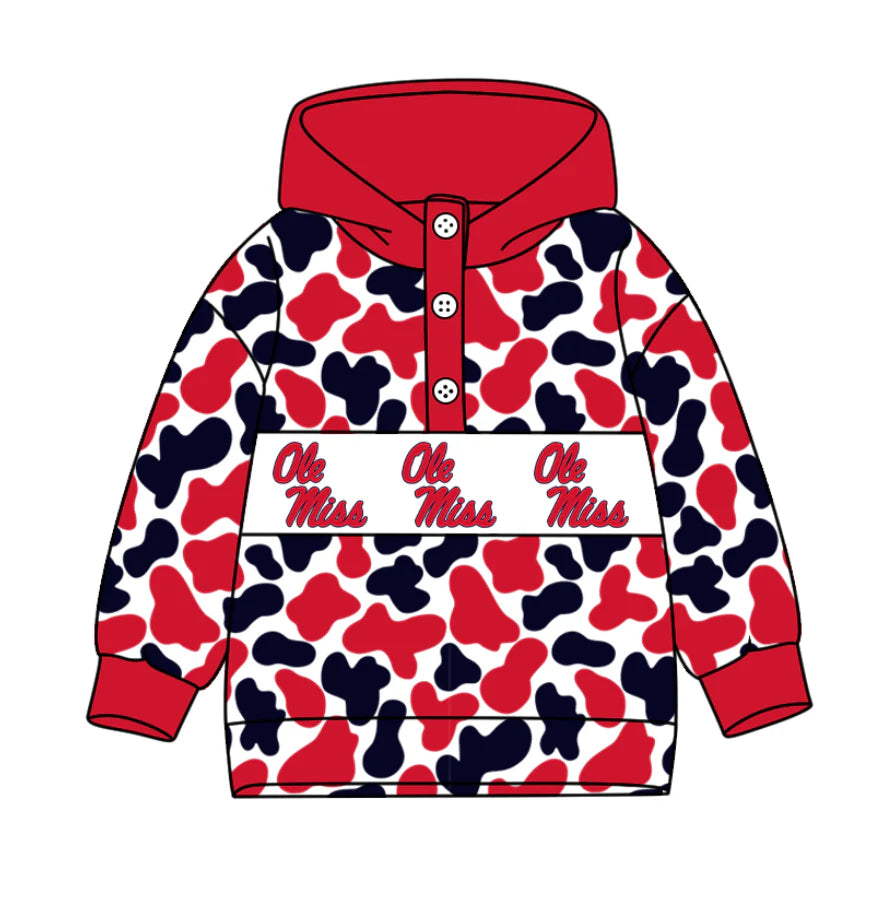 (Custom Design Preorder MOQ 5) Team's Ole Miss Camo Print Kids Long Sleeve Buttons Hoodie Top