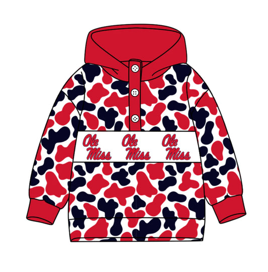 (Custom Design Preorder MOQ 5) Team's Ole Miss Camo Print Kids Long Sleeve Buttons Hoodie Top