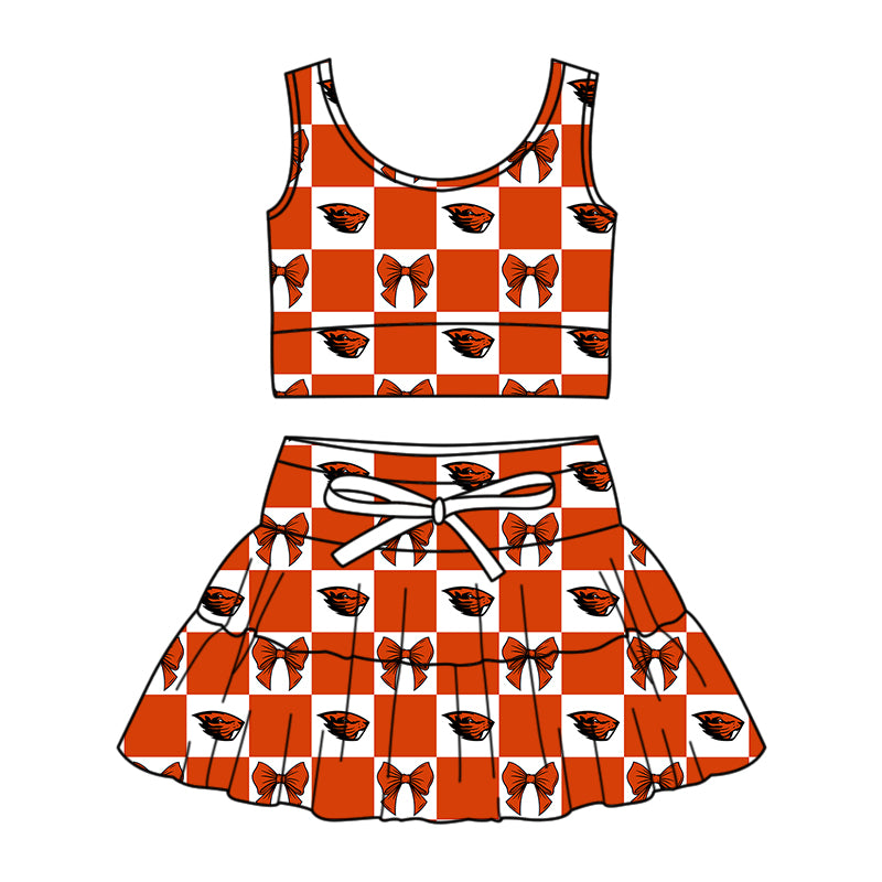 (Custom Design Preorder MOQ 5 Each Color) Team's Oregon State Beavers Bows Plaid Print Girls Summer Clothes Sisters Matching Wear