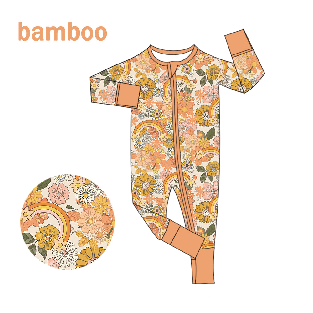 (Custom Design Preorder MOQ 5) Orange Flowers Rainbow Print Baby Girls Long Sleeve Bamboo Sleeper Zipper Romper