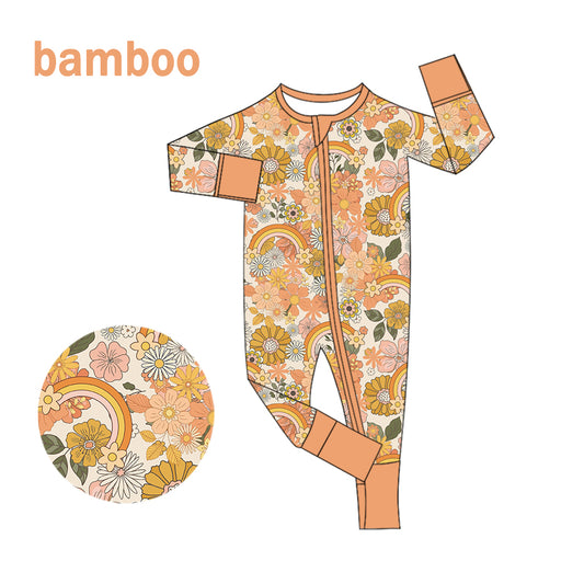 (Custom Design Preorder MOQ 5) Orange Flowers Rainbow Print Baby Girls Long Sleeve Bamboo Sleeper Zipper Romper