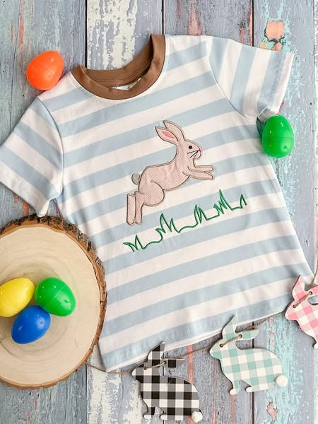 (Custom Design Preorder MOQ 5)Bunny Stripes Print Boys Easter Tee Shirts Top