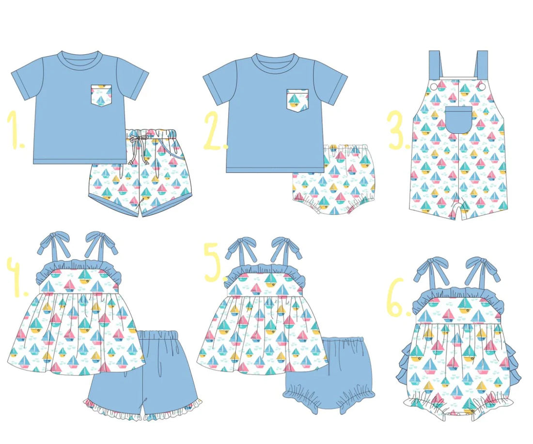 3.10(Custom Design Preorder MOQ 5 Each Design) Sailboat Blue Print Kids Summer Matching Clothes Sibling Wear