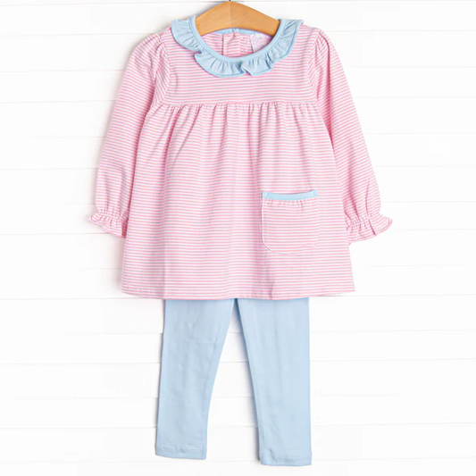(Custom Design Preorder MOQ 5) Pink Stripes Pocket Tunic Top Blue Pants Girls Fall Clothes Set
