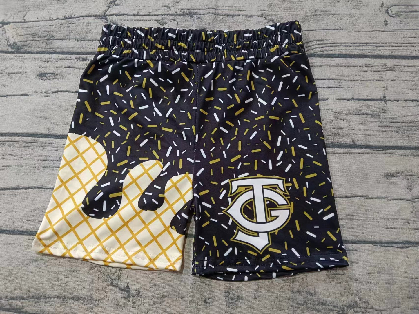 (Custom Design Preorder MOQ 5) Team's Black Sprinkles Print Boys Summer Swim Trunks