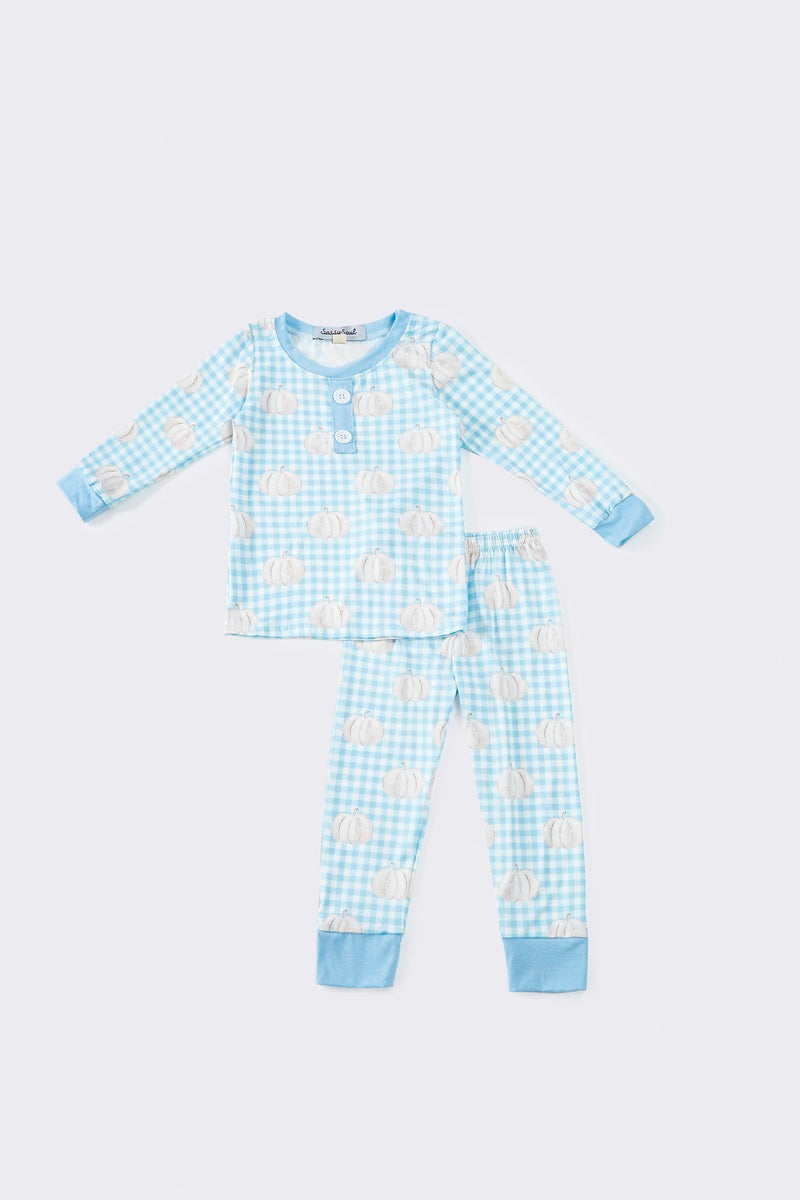 (Custom Design Preorder MOQ 20) Pumpkin Blue Plaid Print Girls Fall Bamboo Pajamas Clothes Set