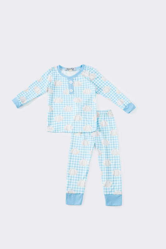 (Custom Design Preorder MOQ 20) Pumpkin Blue Plaid Print Girls Fall Bamboo Pajamas Clothes Set
