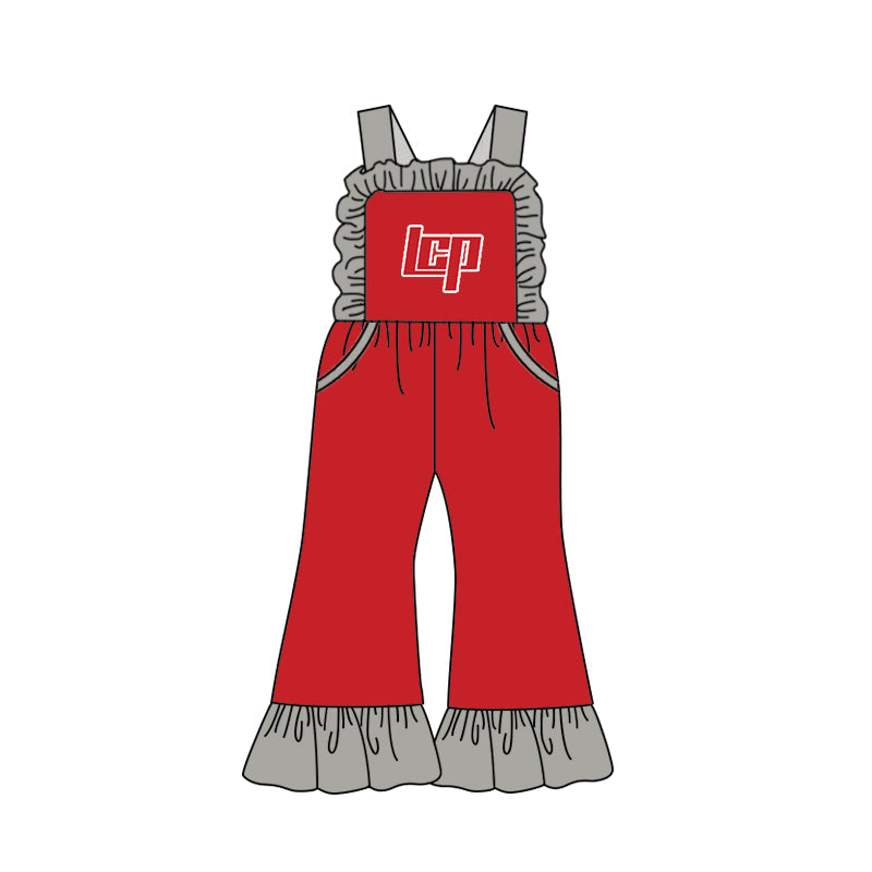 (Custom Design Preorder MOQ 5) Team's Lubbock-Cooper Red Print Girls Summer Jumpsuits