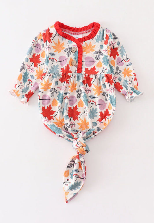 (Custom Design Preorder MOQ 5)  Leaf Print Baby Girls Fall Newborn Gowns