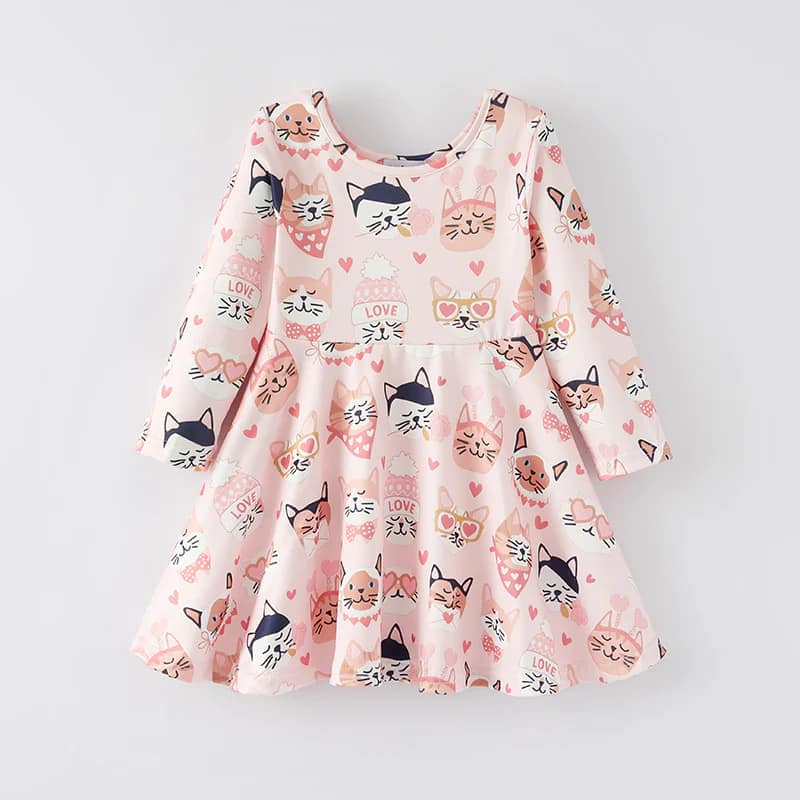 (Custom Design Preorder MOQ 5) Cats Hearts Print Girls Valentine's Day Knee Length Dress